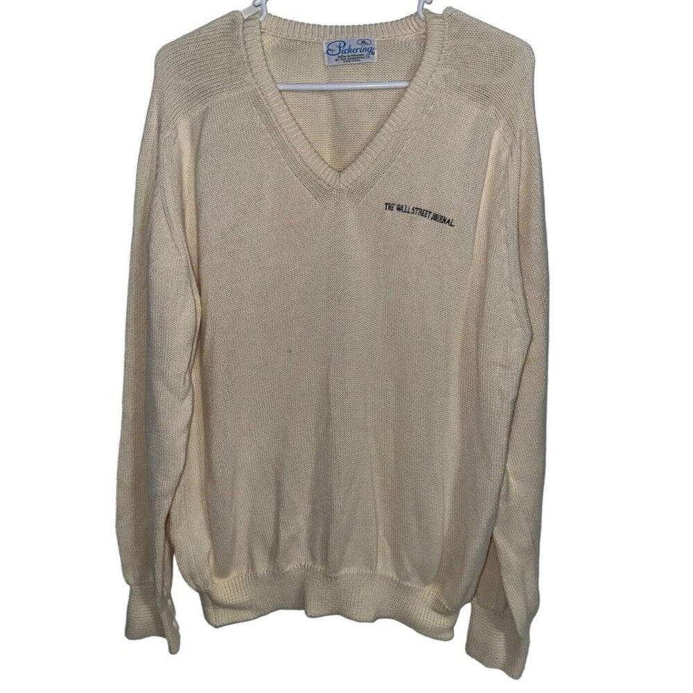 Vintage Mens Pickering V Neck Sweater Sz XL Cream Wall Street Journal READ